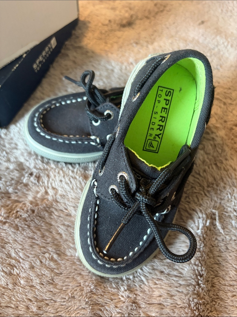 Sperry Kids Black Canvas Boat Shoes with Lime Green Insole